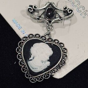 NWT Heart Cameo Drop Brooch Romantic Victorian Style Filigree Pin Black